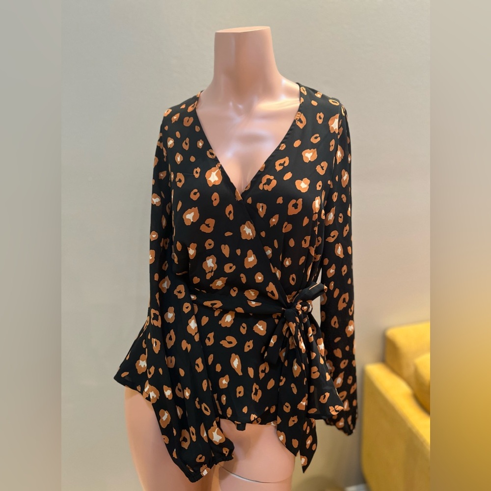 Leopard Print Wrap Tie Blouse Top by the good jane